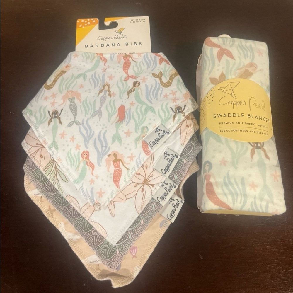 NWT Free Ship Copper Pearl Bibs & Swaddle Blanket